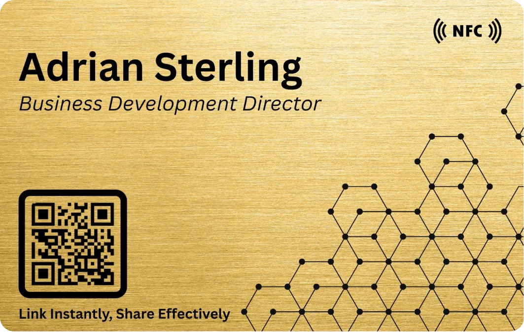 Gold EvoCardLink NFC business card example shown in the upper hero position