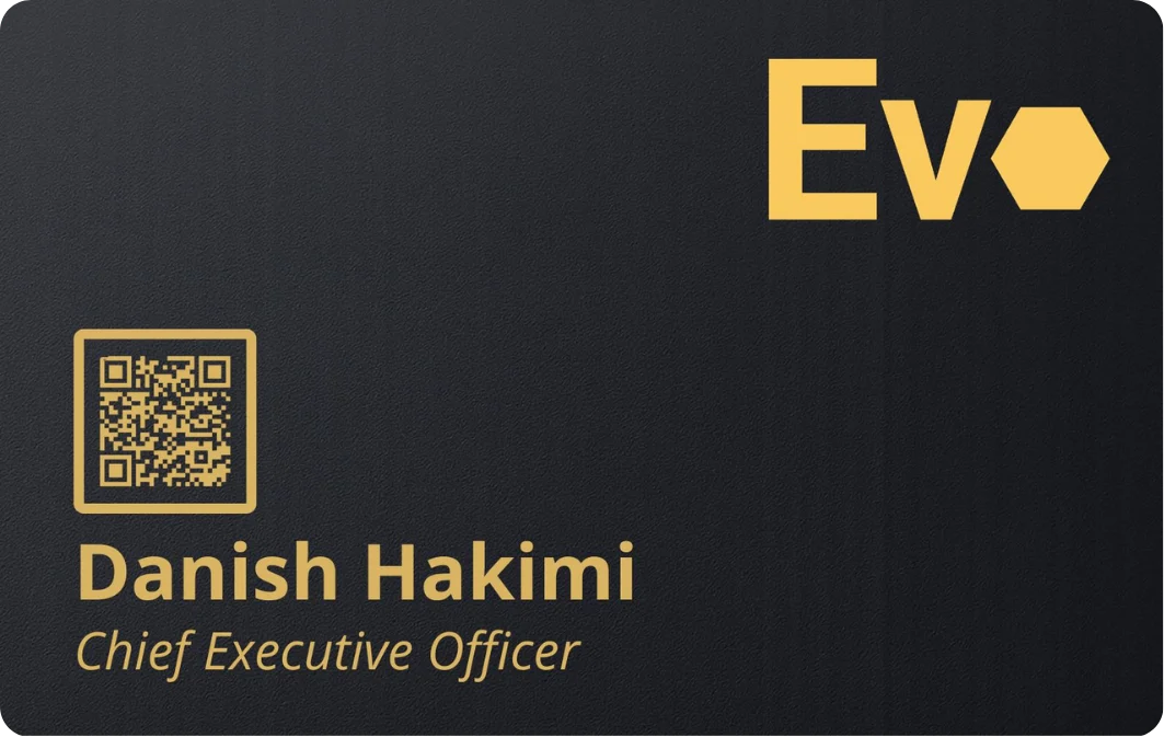 Black EvoCardLink NFC business card example shown in the lower hero position