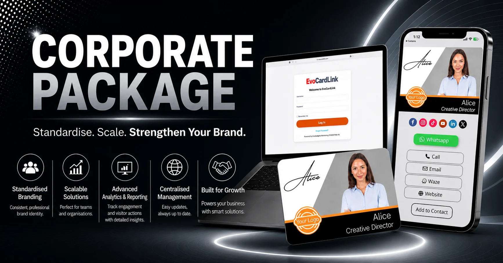 EvoCardLink Corporate Package with centralised NFC digital business cards for employees and teams