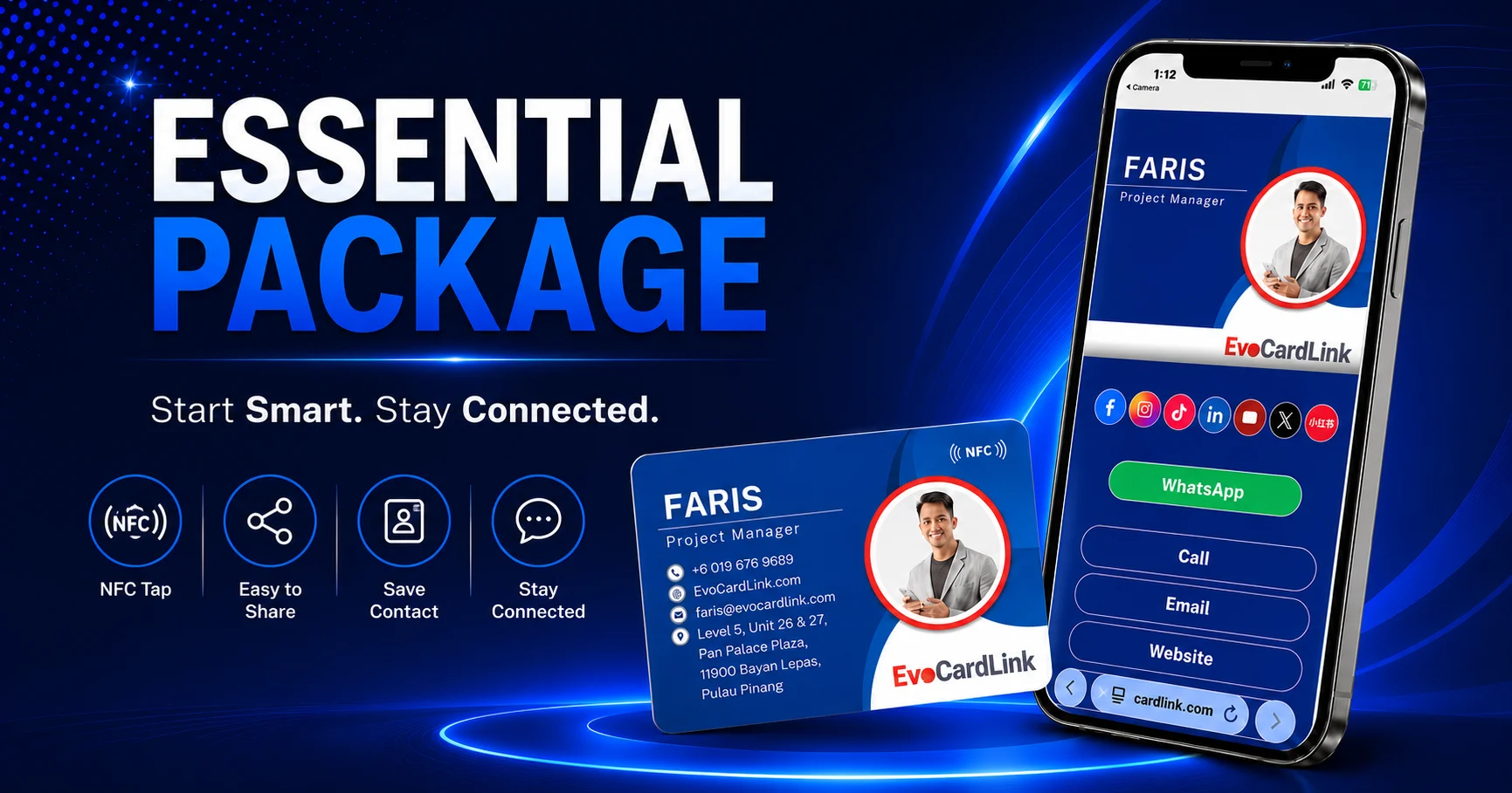 EvoCardLink Essential Package features with physical EvoCard and EvoLink digital business card