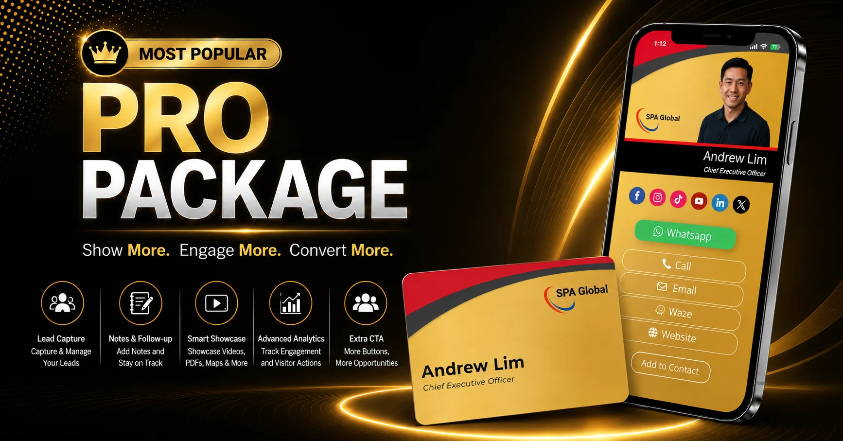 EvoCardLink Pro Package features with NFC digital business card, lead capture, analytics and Smart Showcase