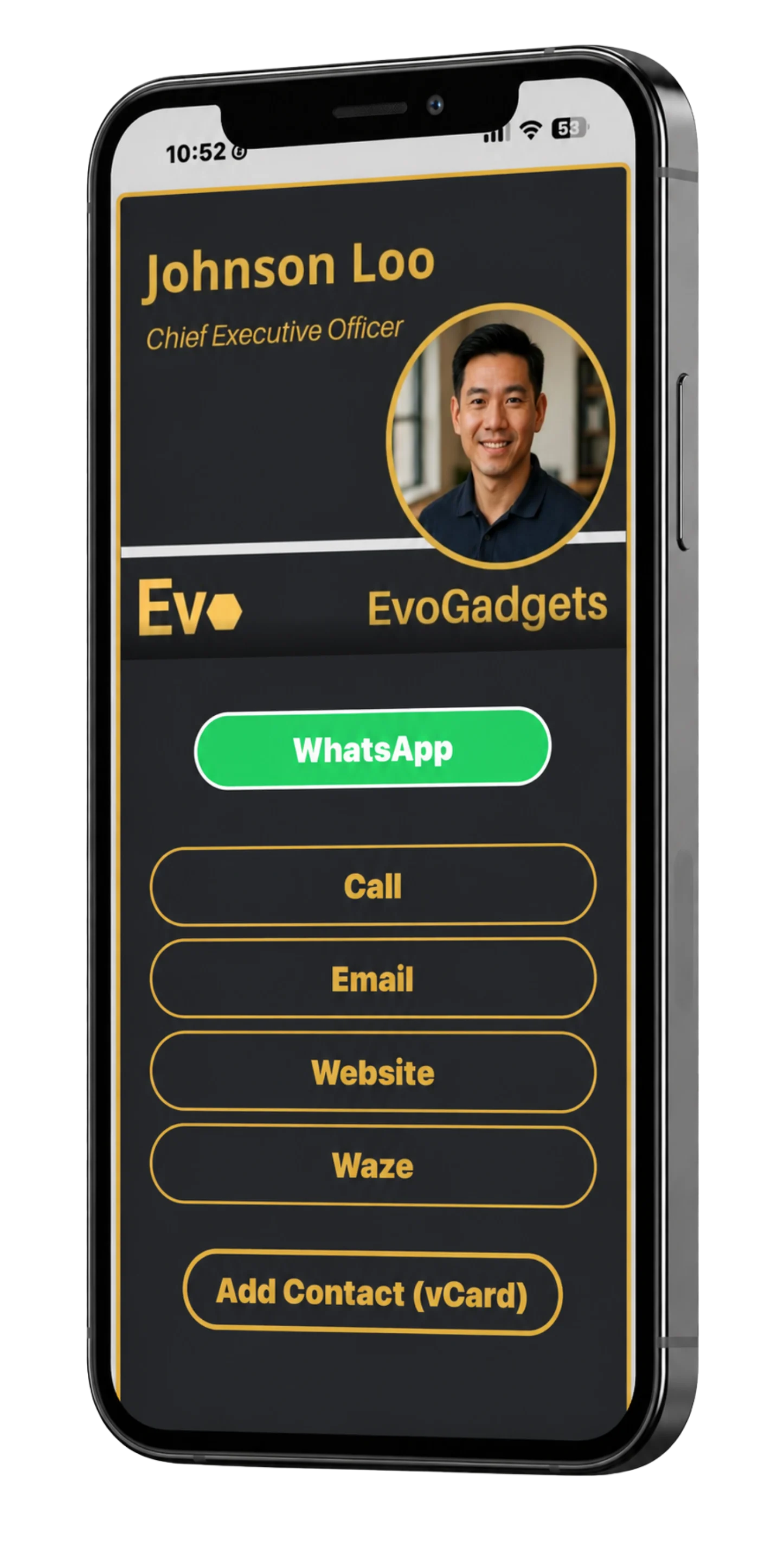 EvoLink interactive digital business card displayed on a smartphone