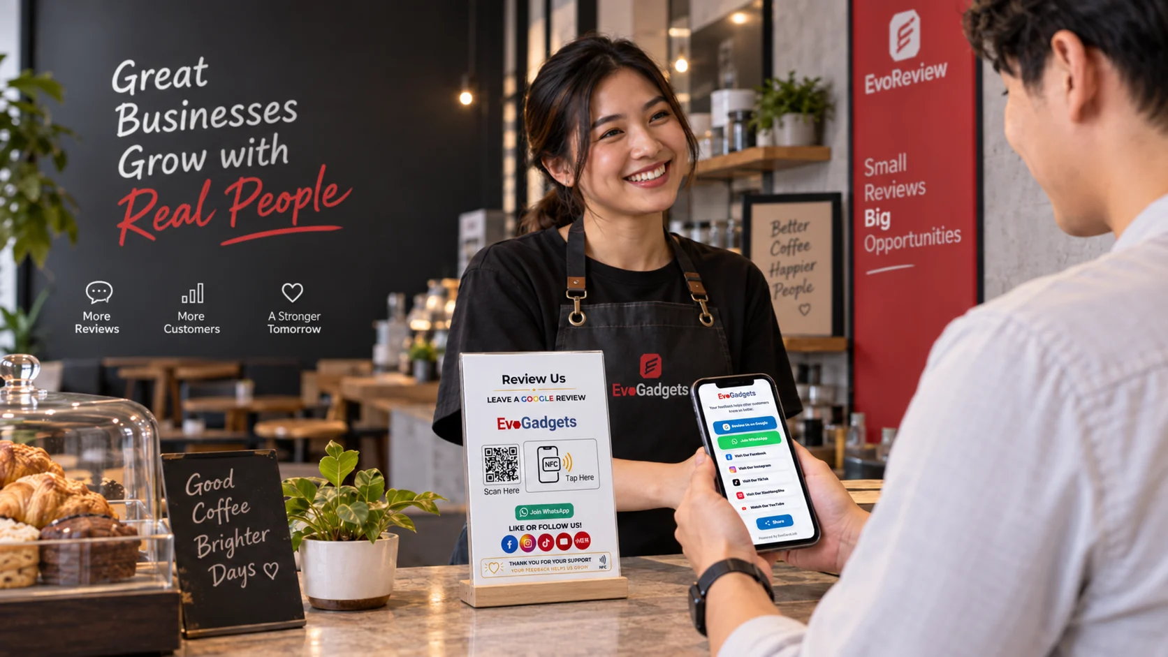 Customer using EvoReview at a café counter with an NFC and QR review display