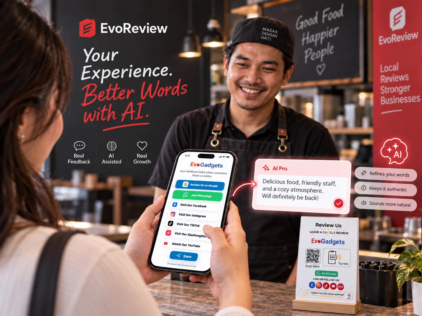 Customer using EvoReview AI Pro to turn genuine feedback into clearer Google Review wording
