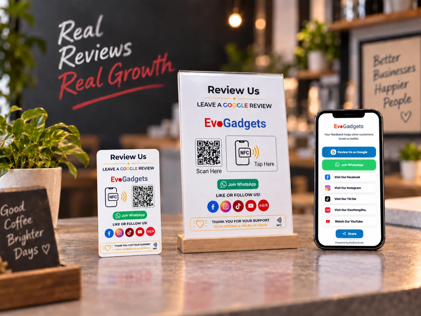 EvoReview NFC Review Card, A5 NFC Review Display and customer engagement page on a smartphone