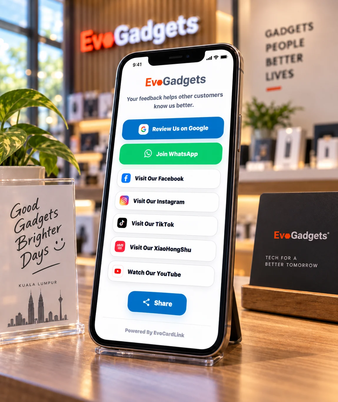 EvoReview customer engagement page displayed on a smartphone at a retail counter